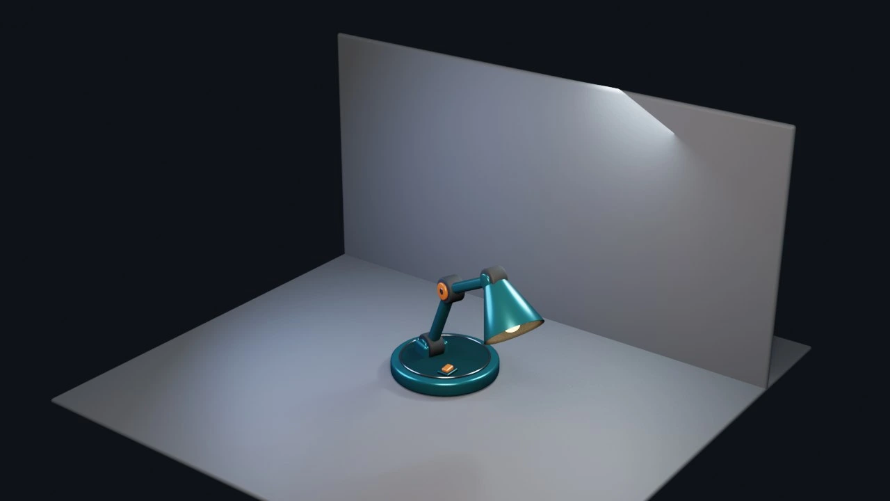 A teal articulated desk lamp modeled and rendered in Blender through Agent Bridge.