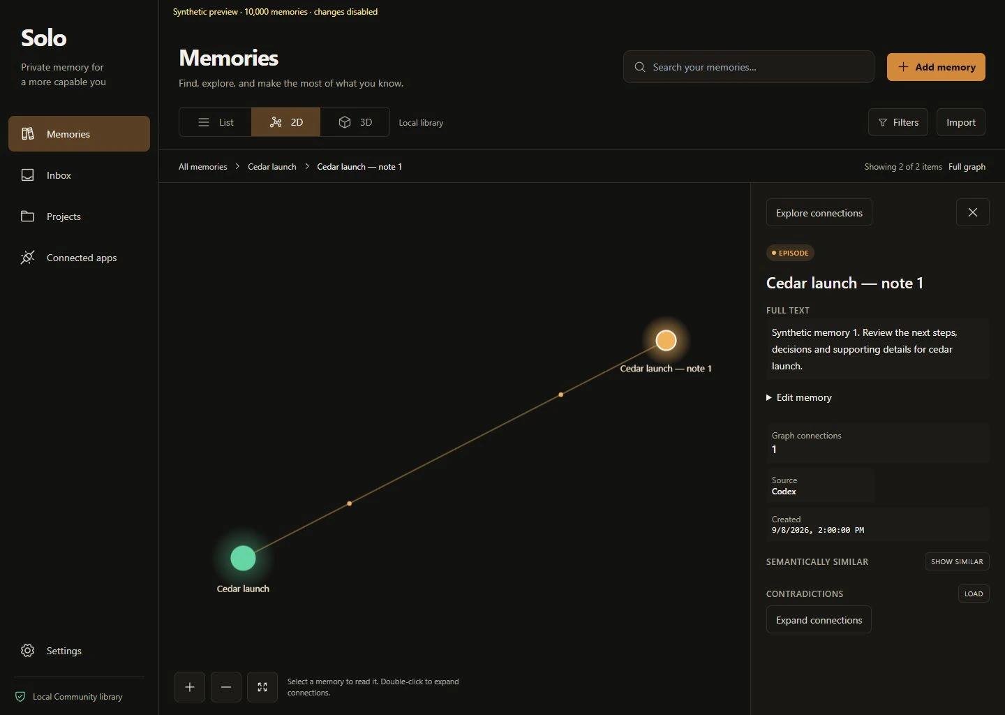Solo Desktop showing a sample memory, its source and its connected project in the inspection panel.